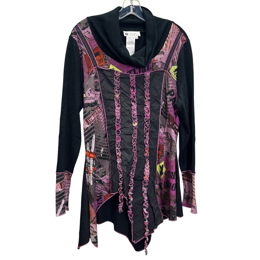 CHAGALL Art to Wear Graphic Print NYC Street Asymmetrical Tunic Top XL Black